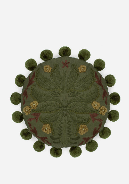 Foliate Embroidered Pom-Pom Round Cushion