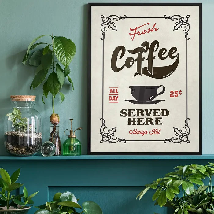 Fresh Coffee Served Here Colour Print, typography print black framed on a living room shelf