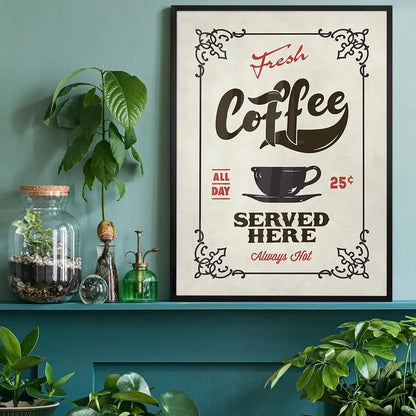 Fresh Coffee Served Here Colour Print, typography print black framed on a living room shelf