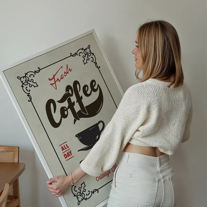 Fresh Coffee Served Here Colour Print held up against a living room wall