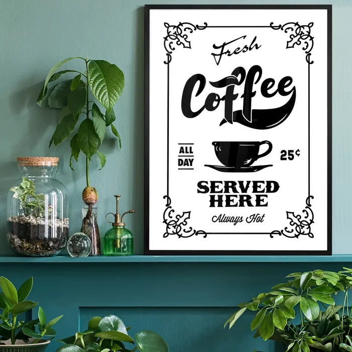 Fresh Coffee Served Here Print, typography print black framed on a living room shelf