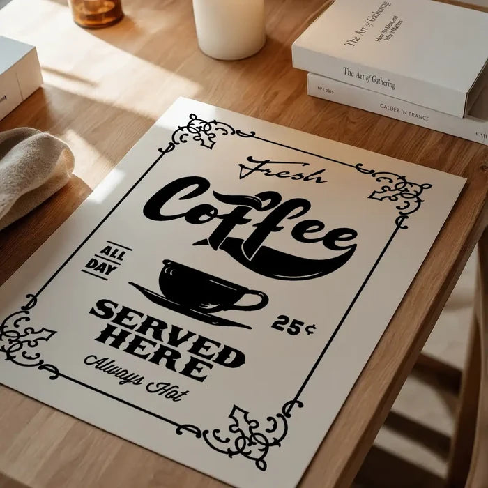 Fresh Coffee Served Here Print, typography print unframed on a home office desk