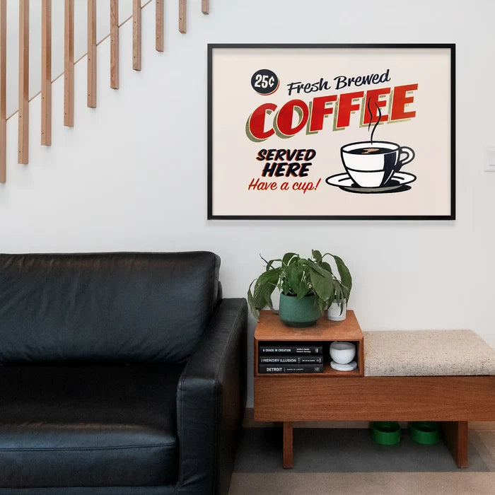 Fresh Coffee Served Here Sign Print, typography print framed above a living room sofa
