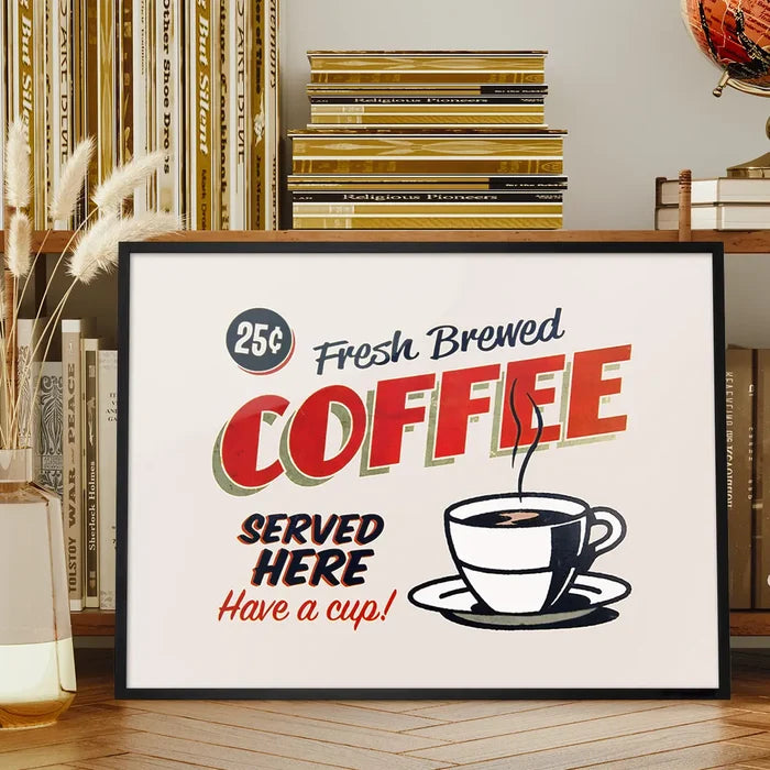 Fresh Coffee Served Here Sign Print framed on a living room bookshelf