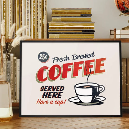 Fresh Coffee Served Here Sign Print framed on a living room bookshelf