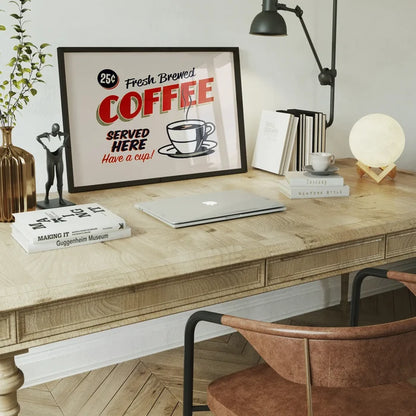 Fresh Coffee Served Here Sign Print, typography print framed home office wall art