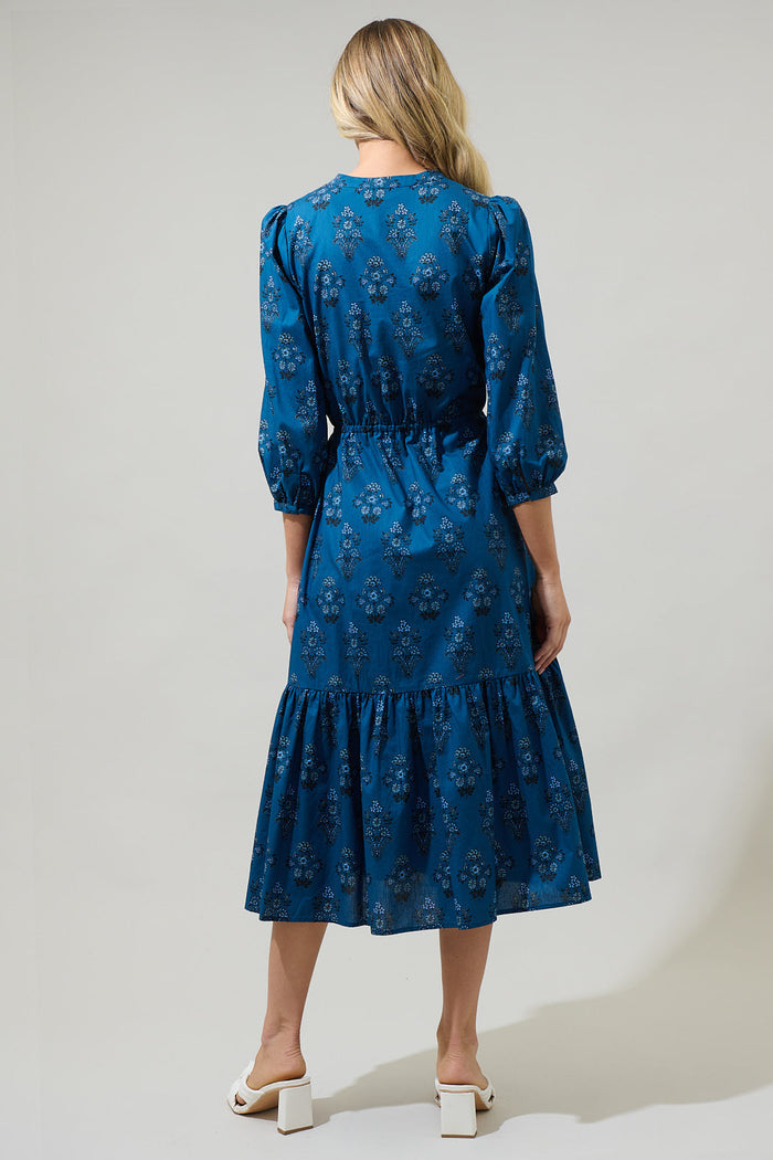 Gardena Floral Zinnia Split Neck Midi Dress