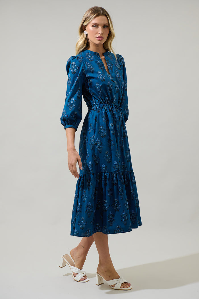 Gardena Floral Zinnia Split Neck Midi Dress
