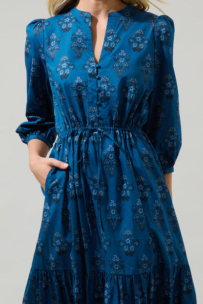 Gardena Floral Zinnia Split Neck Midi Dress