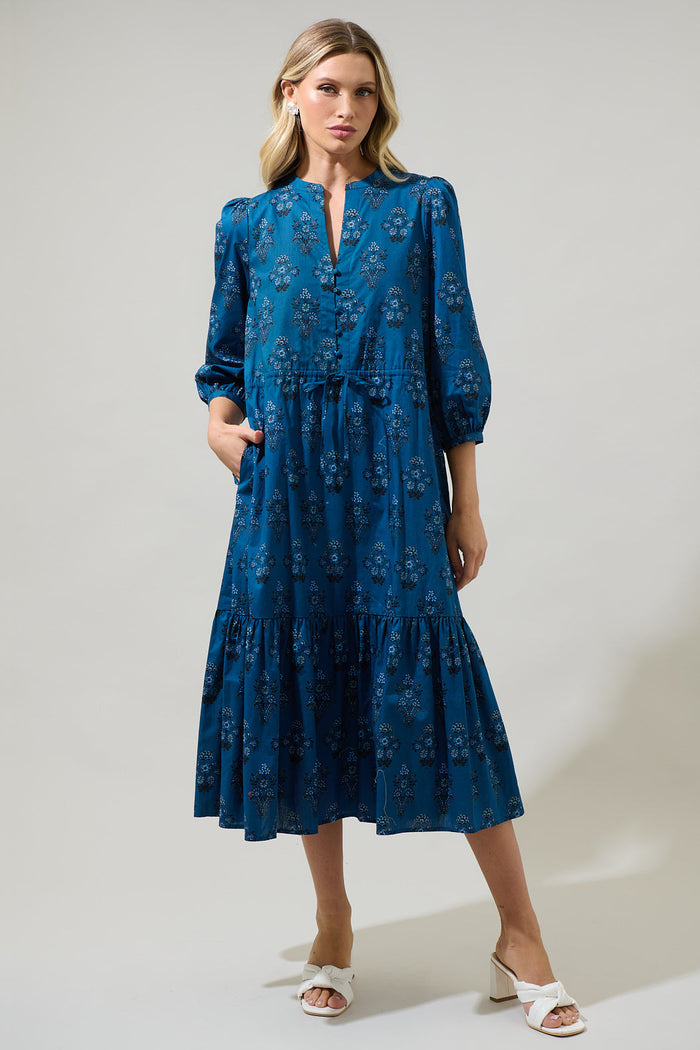 Gardena Floral Zinnia Split Neck Midi Dress