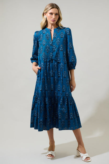 Gardena Floral Zinnia Split Neck Midi Dress