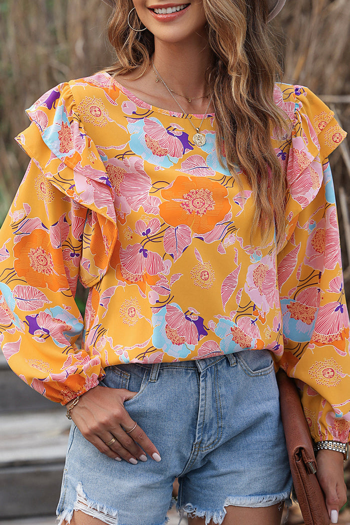 Ginger Floral Print Ruffle Puff Sleeve Blouse - Tops/Blouses & Shirts