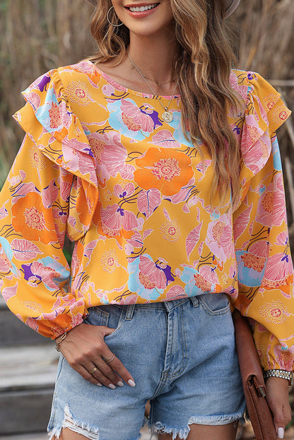 Ginger Floral Print Ruffle Puff Sleeve Blouse - Tops/Blouses & Shirts