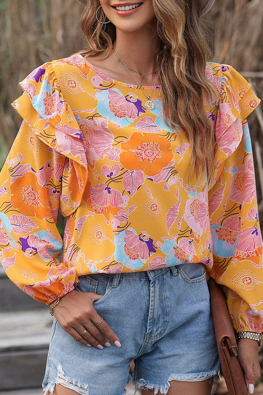Ginger Floral Print Ruffle Puff Sleeve Blouse - Tops/Blouses & Shirts