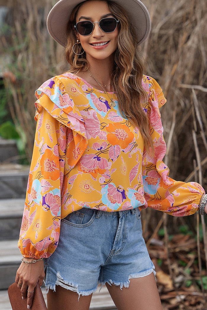 Ginger Floral Print Ruffle Puff Sleeve Blouse - Tops/Blouses & Shirts