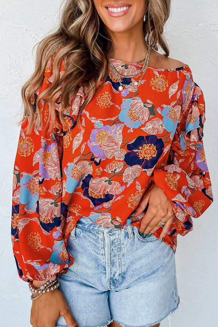 Ginger Floral Print Ruffle Puff Sleeve Blouse - RED / S / 95% POLYESTER + 5% ELASTANE - Tops/Blouses & Shirts