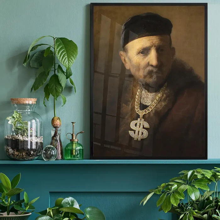 Gold Rap Chain Altered Art Print, quirky altered art print black framed on a living room shelf