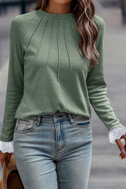 Grass Green Seam Detail Lace Contrast Cuffs Raglan Sleeve Top - GRASS GREEN / S / 75% POLYESTER + 20% VISCOSE + 5%