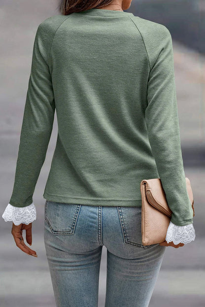 Grass Green Seam Detail Lace Contrast Cuffs Raglan Sleeve Top - Tops/Long Tops