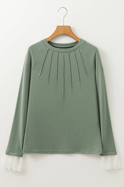 Grass Green Seam Detail Lace Contrast Cuffs Raglan Sleeve Top - Tops/Long Tops