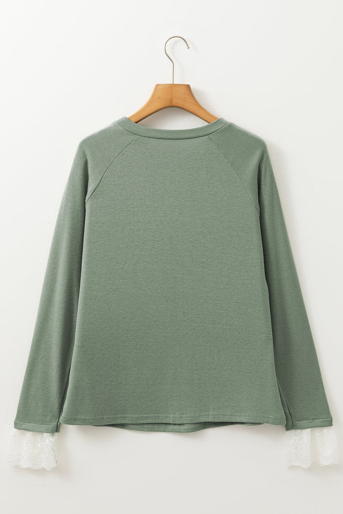 Grass Green Seam Detail Lace Contrast Cuffs Raglan Sleeve Top - Tops/Long Tops