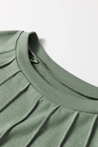 Grass Green Seam Detail Lace Contrast Cuffs Raglan Sleeve Top - Tops/Long Tops