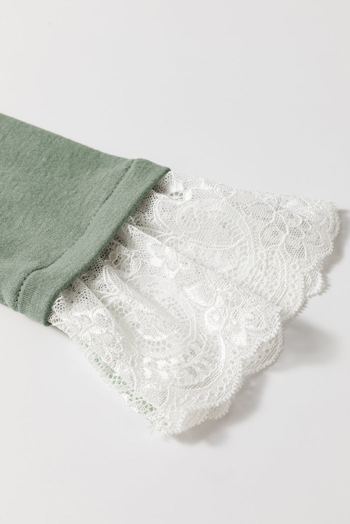 Grass Green Seam Detail Lace Contrast Cuffs Raglan Sleeve Top - Tops/Long Tops