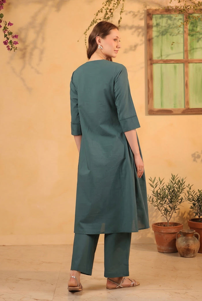 Green Classic Pintuck Solid Cotton Designer Kurta with Pant Set