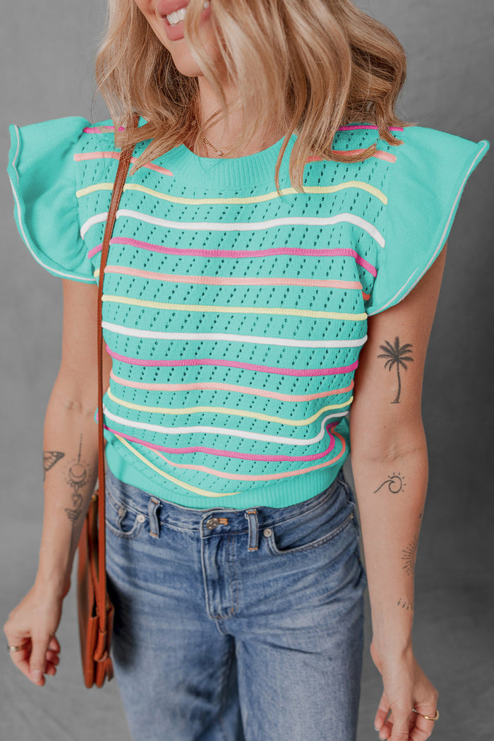 Green Colourful Striped Eyelet Knit Ruffled Sleeve Sweater T Shirt - Sweaters & Cardigans/Short