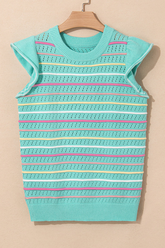 Green Colourful Striped Eyelet Knit Ruffled Sleeve Sweater T Shirt - Sweaters & Cardigans/Short