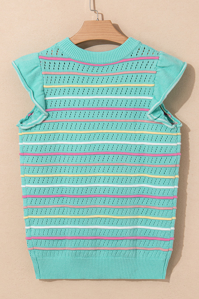 Green Colourful Striped Eyelet Knit Ruffled Sleeve Sweater T Shirt - Sweaters & Cardigans/Short
