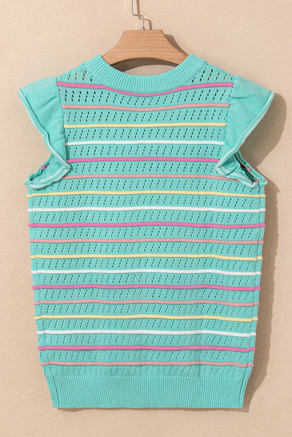 Green Colourful Striped Eyelet Knit Ruffled Sleeve Sweater T Shirt - Sweaters & Cardigans/Short