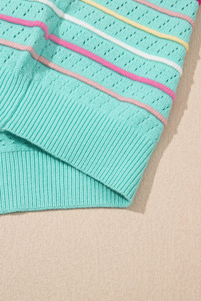 Green Colourful Striped Eyelet Knit Ruffled Sleeve Sweater T Shirt - Sweaters & Cardigans/Short