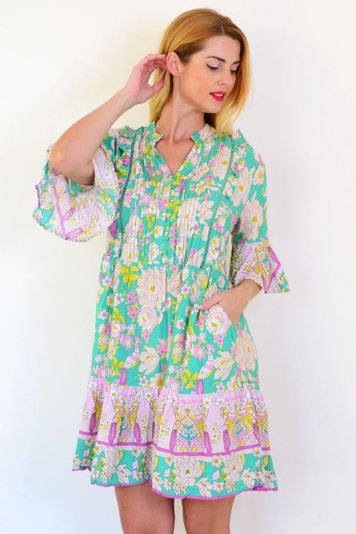 Dream Green Floral Print Bohemian Tunic Dress with relaxed fit and vibrant floral pattern, perfect for casual summer wear.
