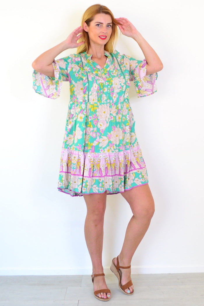 Dream green floral print bohemian tunic dress with long sleeves and relaxed fit, perfect for casual and boho-inspired outfits.