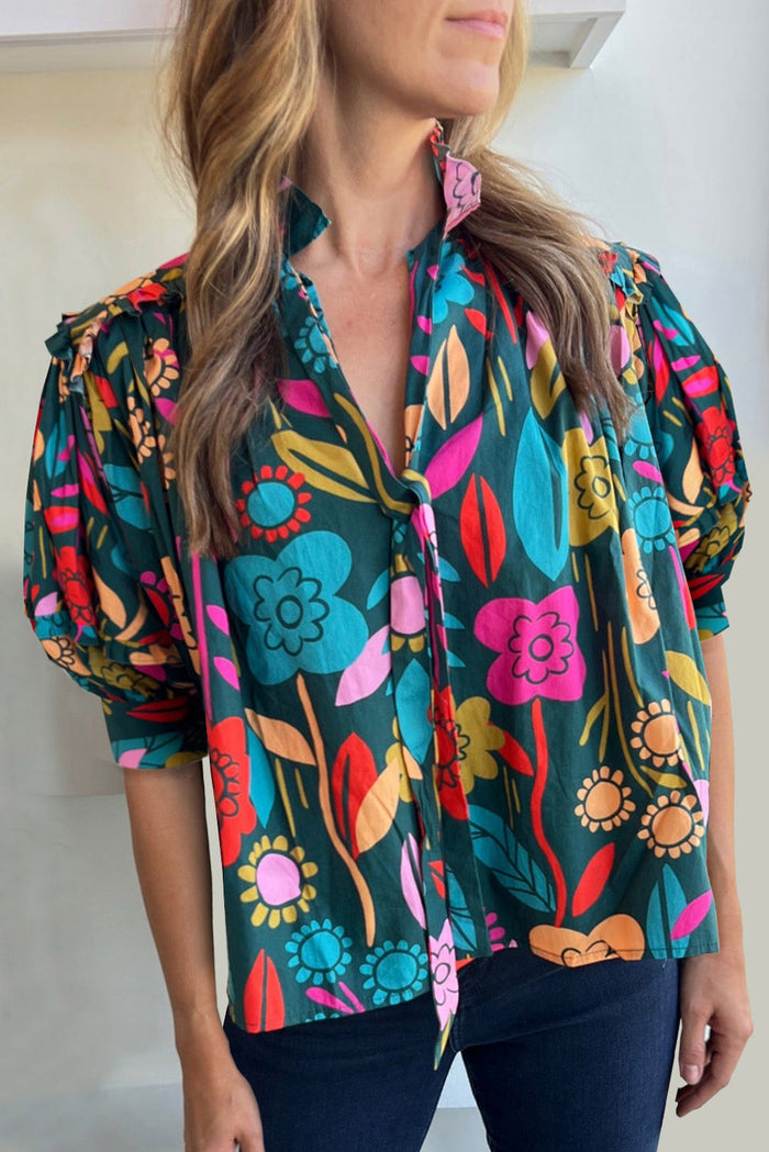 Green Floral Print Puff Sleeve Tied V Neck Blouse - GREEN / S / 100% COTTON - Tops/Blouses & Shirts
