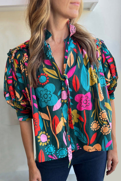 Green Floral Print Puff Sleeve Tied V Neck Blouse - GREEN / S / 100% COTTON - Tops/Blouses & Shirts