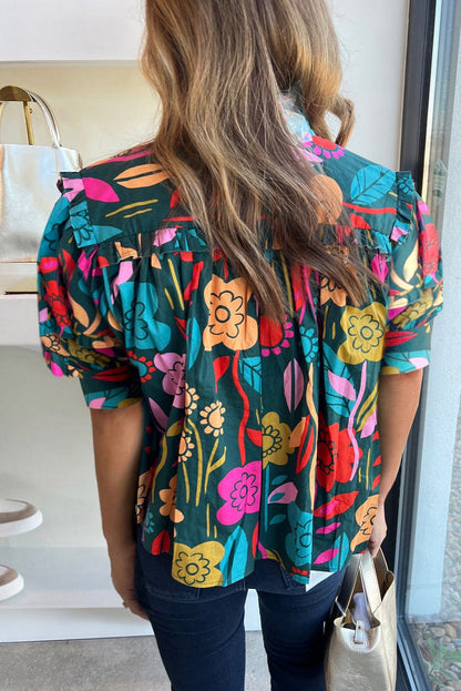 Green Floral Print Puff Sleeve Tied V Neck Blouse - Tops/Blouses & Shirts