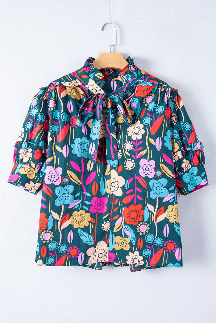 Green Floral Print Puff Sleeve Tied V Neck Blouse - Tops/Blouses & Shirts