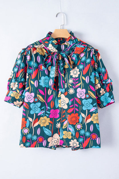 Green Floral Print Puff Sleeve Tied V Neck Blouse - Tops/Blouses & Shirts