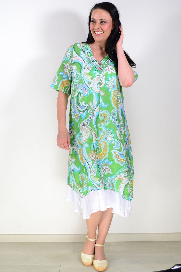 Green paisley summer tunic dress by La Mode, flowing fabric, V-neck design, and relaxed fit.