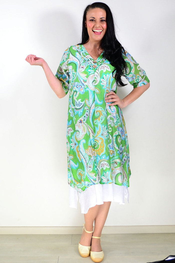 Green paisley summer tunic dress by La Mode, lightweight fabric with flowy fit and vibrant pattern, perfect for warm weather.