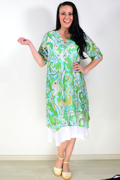 Green paisley summer tunic dress by La Mode, lightweight fabric with flowy fit and vibrant pattern, perfect for warm weather.