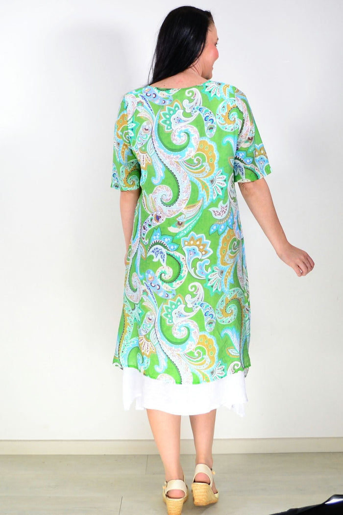 Green paisley summer tunic dress by La Mode, flowing fabric, V-neckline, and short sleeves, perfect for warm weather.