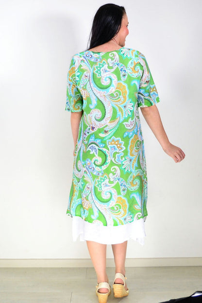 Green paisley summer tunic dress by La Mode, flowing fabric, V-neckline, and short sleeves, perfect for warm weather.