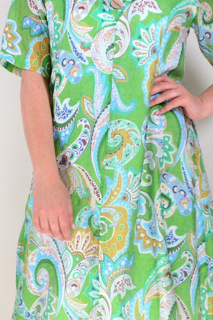 Green paisley summer tunic dress by La Mode, featuring lightweight fabric and relaxed fit, perfect for warm weather.