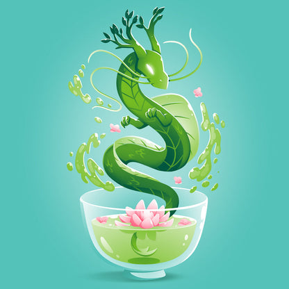 Premium Cotton T-shirt_TeeTurtle Green Tea Dragon Caribbean Blue apparel featuring an artistic green dragon with leaf details coming out of a cup of green tea with lotus flowers inside.