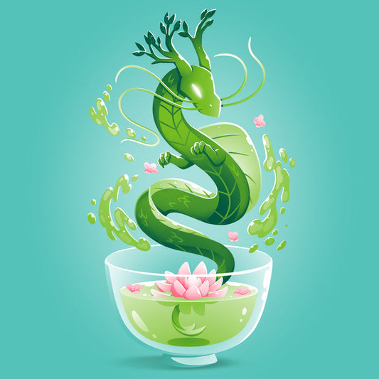 Premium Cotton T-shirt_TeeTurtle Green Tea Dragon Caribbean Blue apparel featuring an artistic green dragon with leaf details coming out of a cup of green tea with lotus flowers inside.