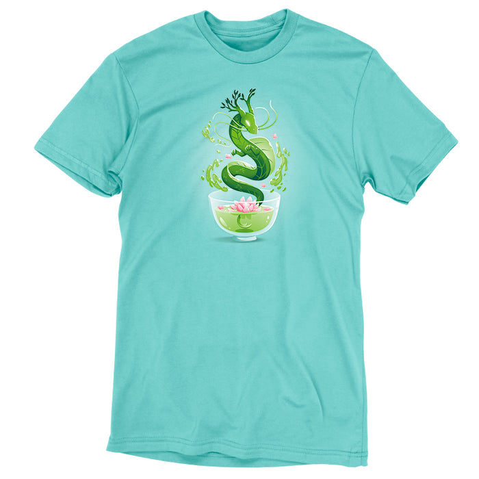 Premium Cotton T-shirt_TeeTurtle Green Tea Dragon Caribbean Blue apparel featuring an artistic green dragon with leaf details coming out of a cup of green tea with lotus flowers inside.