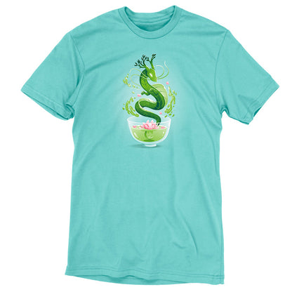 Premium Cotton T-shirt_TeeTurtle Green Tea Dragon Caribbean Blue apparel featuring an artistic green dragon with leaf details coming out of a cup of green tea with lotus flowers inside.